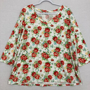 The Pioneer Woman Red Floral V Neck Stretch Comfy Casual Blouse XXL